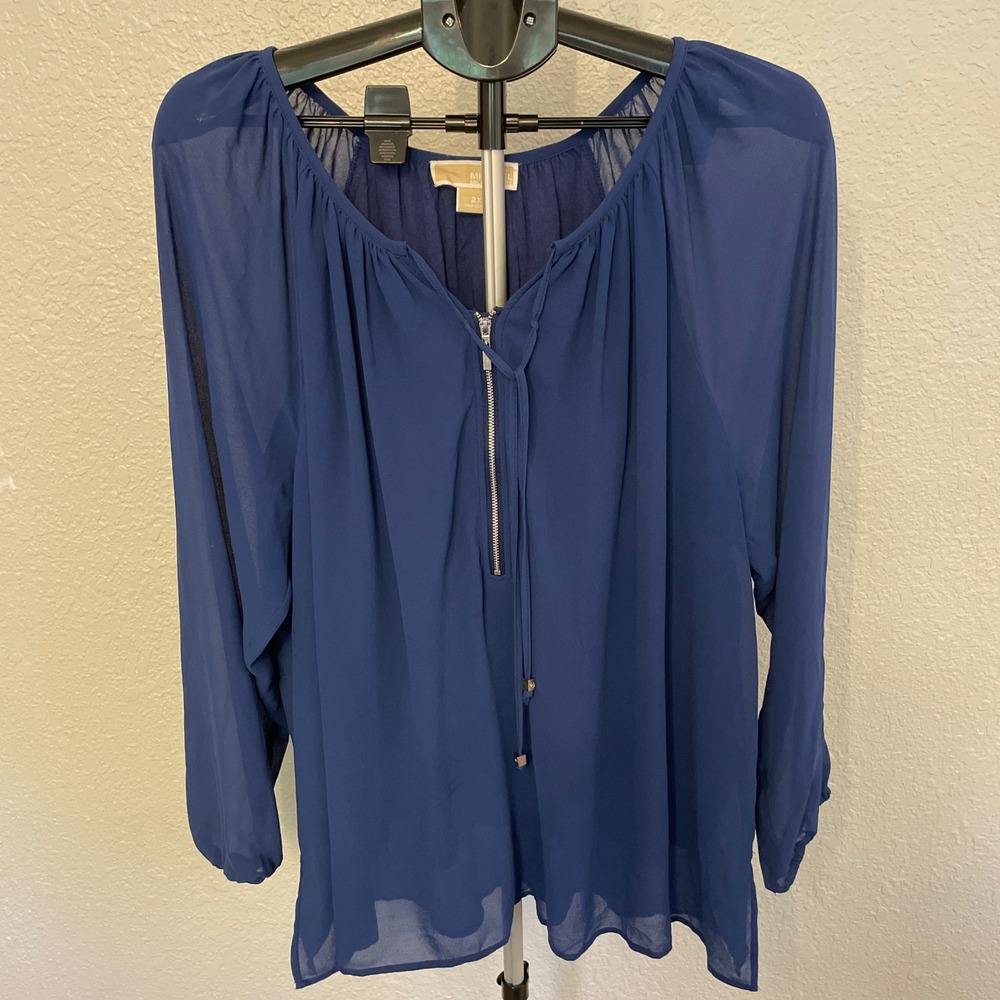 Michael Michael Kors Royal Blue Zip Neck Chiffon Blouse Plus Size 2X - Picture 5 of 6